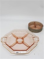 LOT OF 2 PINK DEPRESSION SERVING DIVIDED TRAYS