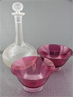 Crystal Decanter & Cranberry Glass Lot