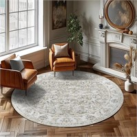 jinchan Round Rug 5Ft Area Persian Taupe Vintage