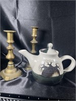 Stunning Brass Candlesticks & Earthenware Tea Pot