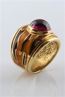 18k Yellow Gold, Garnet and Enamel Fashion Ring