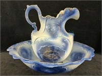 Blue bowl and pitcher marked M-C