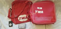 2 Vintage TWA travel bags, alarm and cards