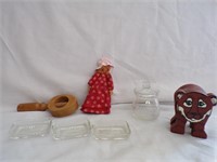 Petite Vintage Glass Dishes,Handmade Clay Doll