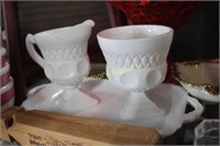 MILK GLASS SUGAR AND CREAMER WITH TRAY