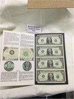 Sheet of Four Uncut 1$ Bills