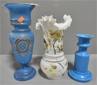 7” Blue cased glass vase w/ground pontil, White