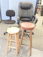 (2) OFFICE CHAIRS-ONE HAS ARMS & (2) WOODEN STOOLS