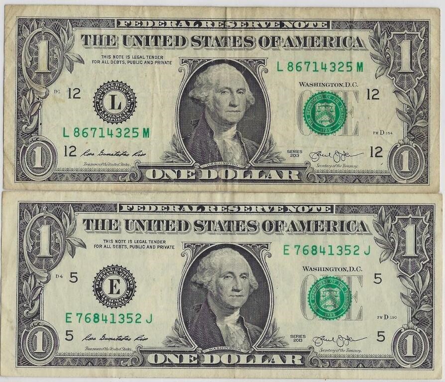 $1 Bills Set of 2 Unique Serial Numbers 2013! AF1