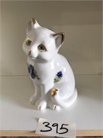 Ceramic Cat Figurine With Blue Victoria Rose