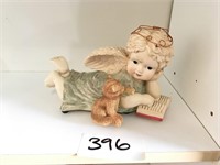 Ceramic Baby Angel Reading Book With Cat Wind Up