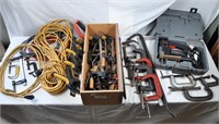Large assortment of c clamps, extension cords, a