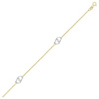 14k Two-tone Gold Entwined Heart Stationed Anklet