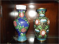 2 Floral Decorated 9" Cloisonné Vases In Blue Hues