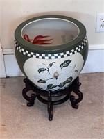 Porcelain Chinese planter foot bowl wood stand
