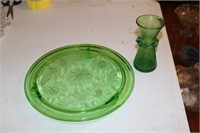 Green glass plate, vase