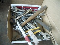 Box of Assorted wrenches, Hammers, Pliers etc