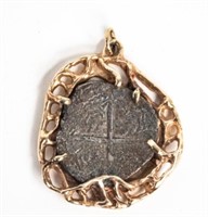 Spanish Silver Cob Coin, 14kt Gold Pendant