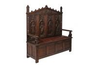 GOTHIC REVIVAL CARVED OAK HALL BENCH