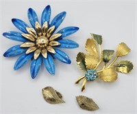 2 Large Flower Brooches Pins And Clipon Earrings