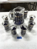 etched daisy pattern pitcher, 8 glasses