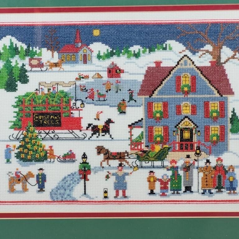 YULETIDE VILLAGE CROSS STITCH FRAMED UNDER GLASS