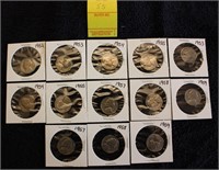13 jefferson nickels all 1950's