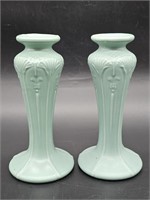 Pair Light Aqua Ceramic 7in Candlesticks