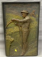 Farmer & Scythe Painted Spelter Wall Plaque