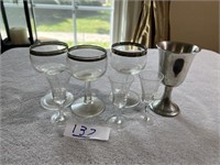 Glasses assorted, cordials, silver rimmed, Pewter