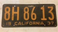 Vintage 1937 California License Plate