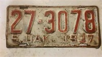Vintage 1937 South Dakota License Plate