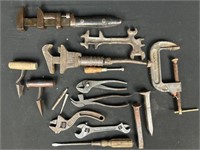 Older wood handled tools, and wrenches