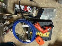 Drill, tire gauge, oil, water line, liquid nail