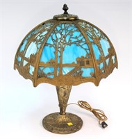 21" Blue slag glass lamp signed CC Co., (CC Co.