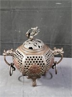 Asian bronze incense burner 13"h x 12"diam