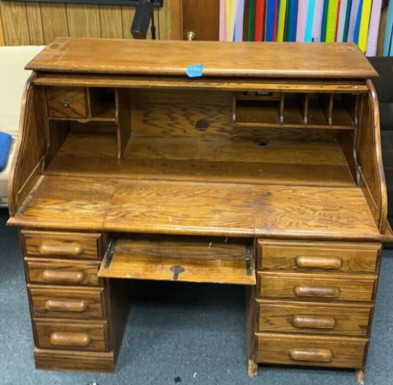Rolltop desk with key : bottom: 56”x 30”x 30.5” H