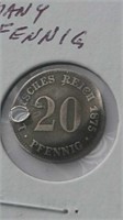 1875 Germany 90% Silver 20 Pfennig "Hole"