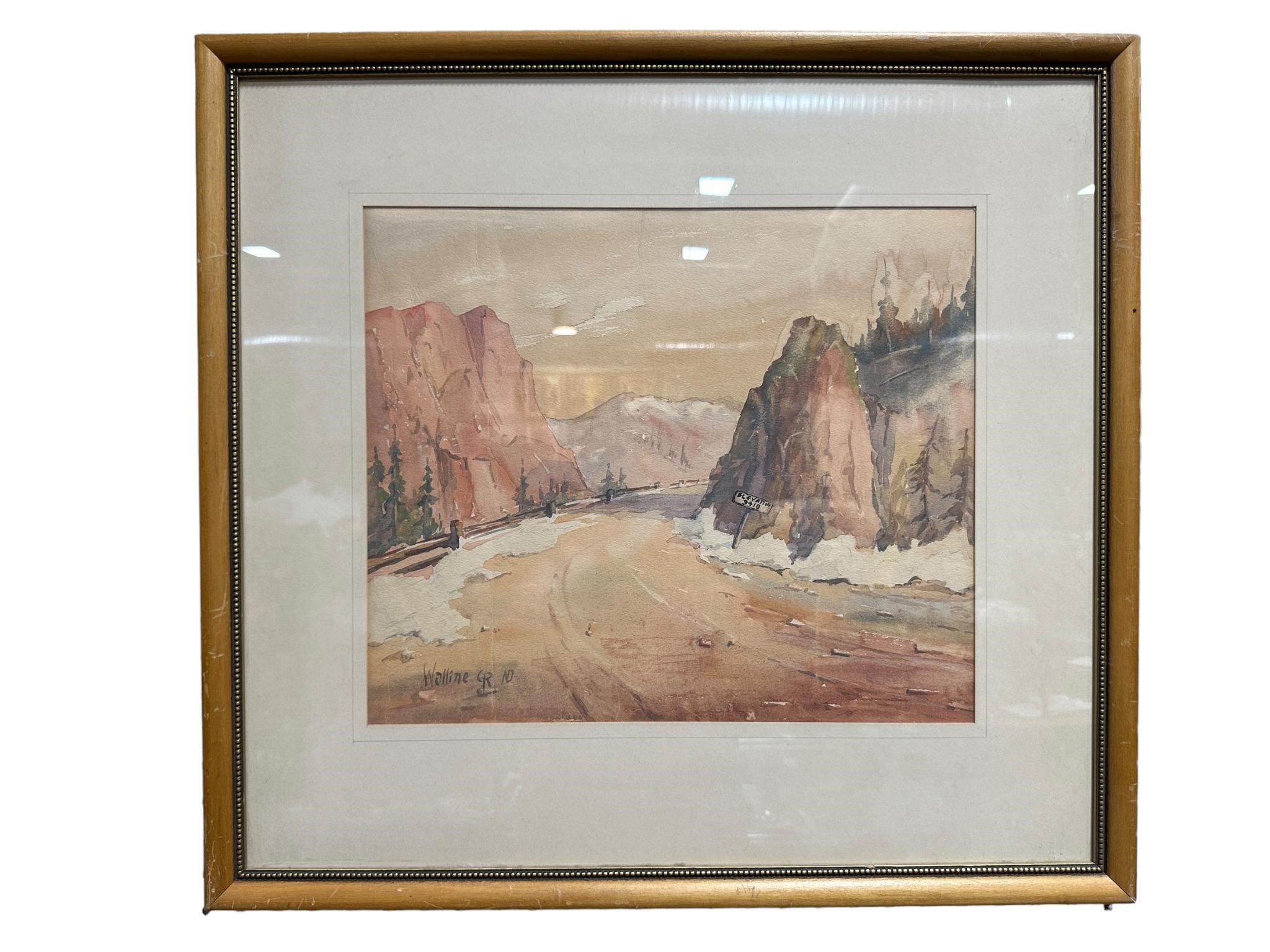 Signed Wallin CR Watercolor Mountain Road Art