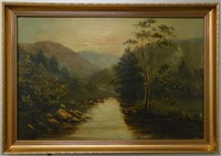 Antique 19th c River Valley Landscape Oil Painting