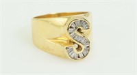 14K Gold Ring w/Diamonds. "S" Initial. Size 9