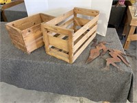 2 wood crate/boxes and metal yard art