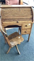 Child’s Rolltop desk and chair, oak, 2 drawers,