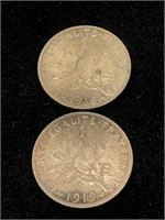 Two Antique 1 Franc Silver Coins - 1918, 1919