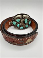 Vintage Leather Belt, Silver Buckle, Turquoise