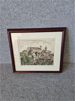 VINTAGE EUROPEAN ETCHING FRAMED WITH PHOTOS