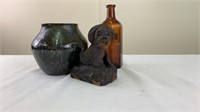 Studio pottery, bottle, carved dog