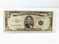 1953- B US Silver Certificate Five Dollar Bill