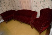RED VELVET COUCH, LOVESEAT, AND CHAIR