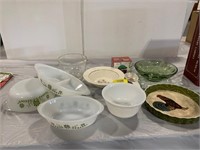 GLASBAKE CASSEROLE DISHES, GREEN GLASS BOWL,